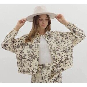 Entro Western Rodeo Denim Relaxed Oversized Jacket Tan & Brown Sz Small New